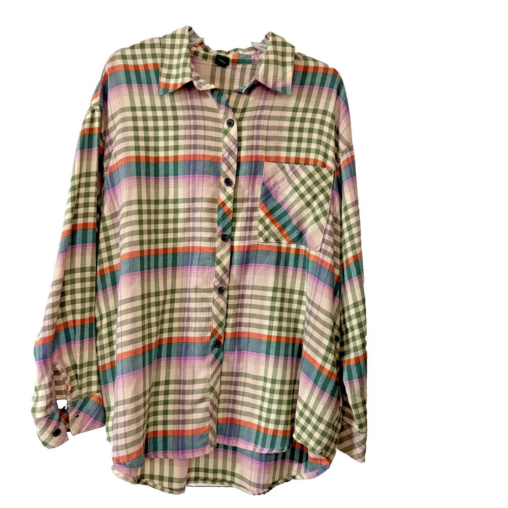 Wild Fable Women’s Size XL Orange Teal Green Plaid Flannel Work Shirt Jacket